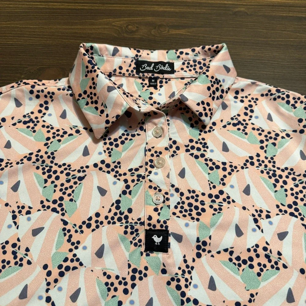 Bad Birdie Polo Top Women's Medium Golf Fish Polka Dot Full Graphic Activewear